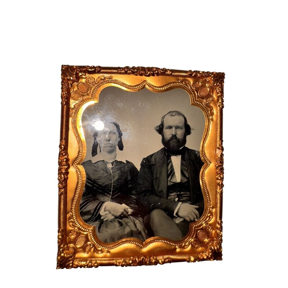 Antique 19th Century Daguerreotype Photo man wife formal wear silk dress frock c